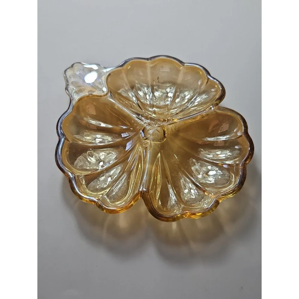 VTG Depression Carnival Glass Iridescent Marigold Gold 3 Leaf Clover Candy Dish